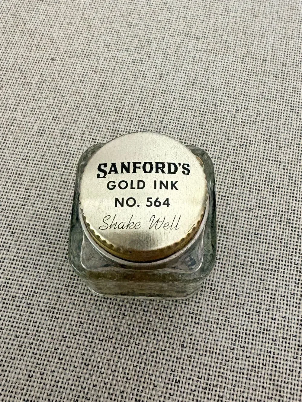 Vintage Sanford’s Gold Ink No. 564 Glass Bottle w/ Original Lid Dried Ink